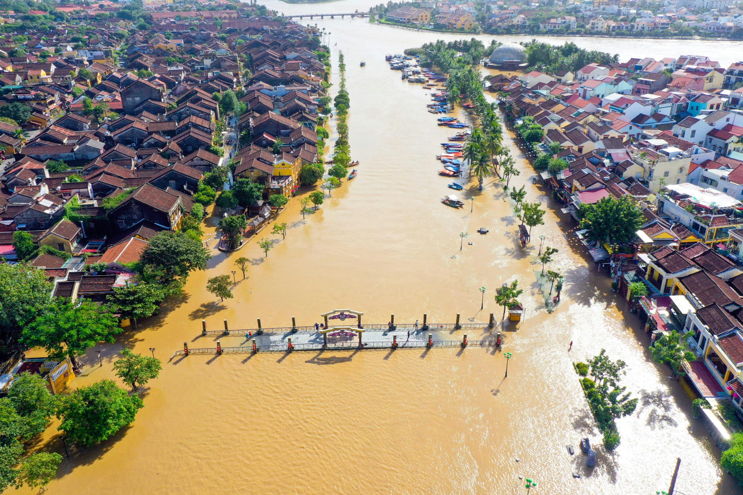 Stunning aerial image of Hoi An, Vietnam flooding with river overflow.