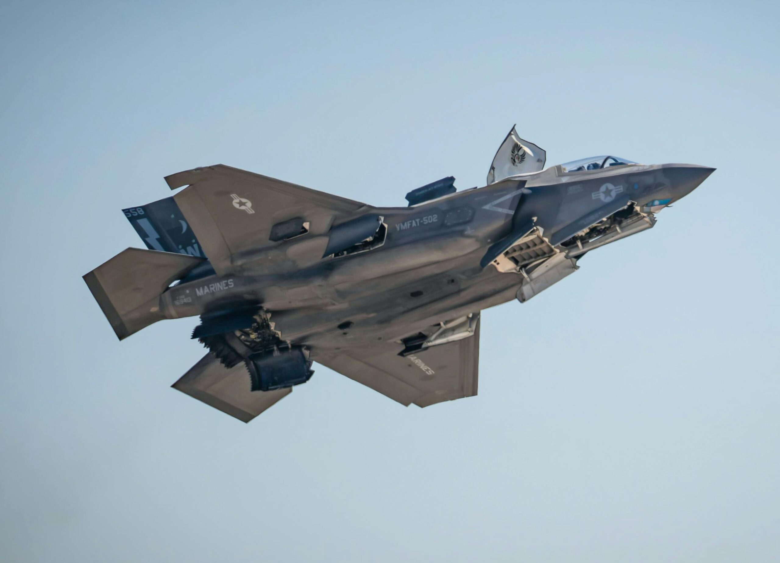 US Marine Corps F-35 Lightning II jet soaring at Miramar Air Show, San Diego.